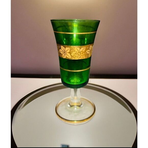 Vintage Green And Gold Italian Decanter And 5 Glasses Stunning! - Picture 4 of 6